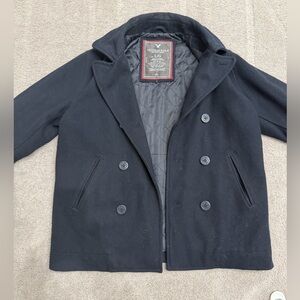 American Eagle Men  90% Wool Lined Quilted Navy Blue PeaCoat Jacket